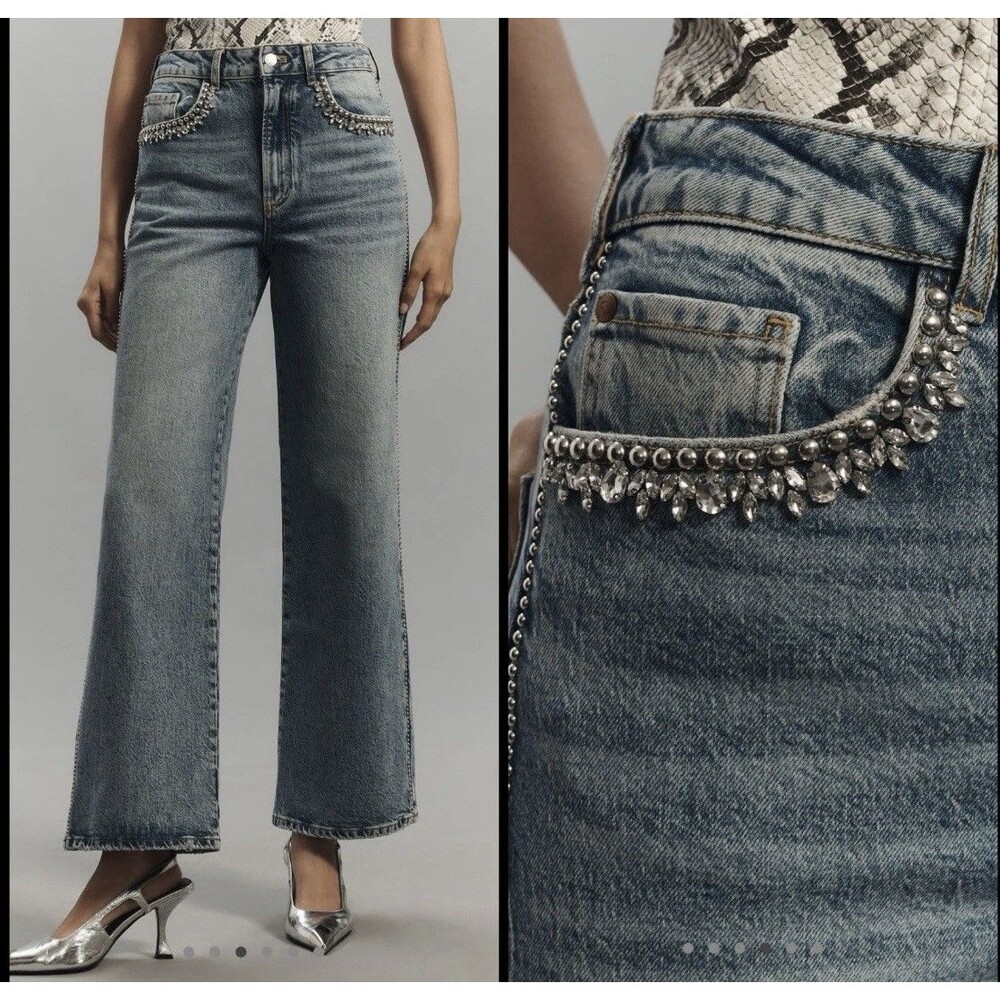 Pilcro Anthropologie Austyn Rhinestone Studded  Sz 30P Rise Denim Jeans NWT $168